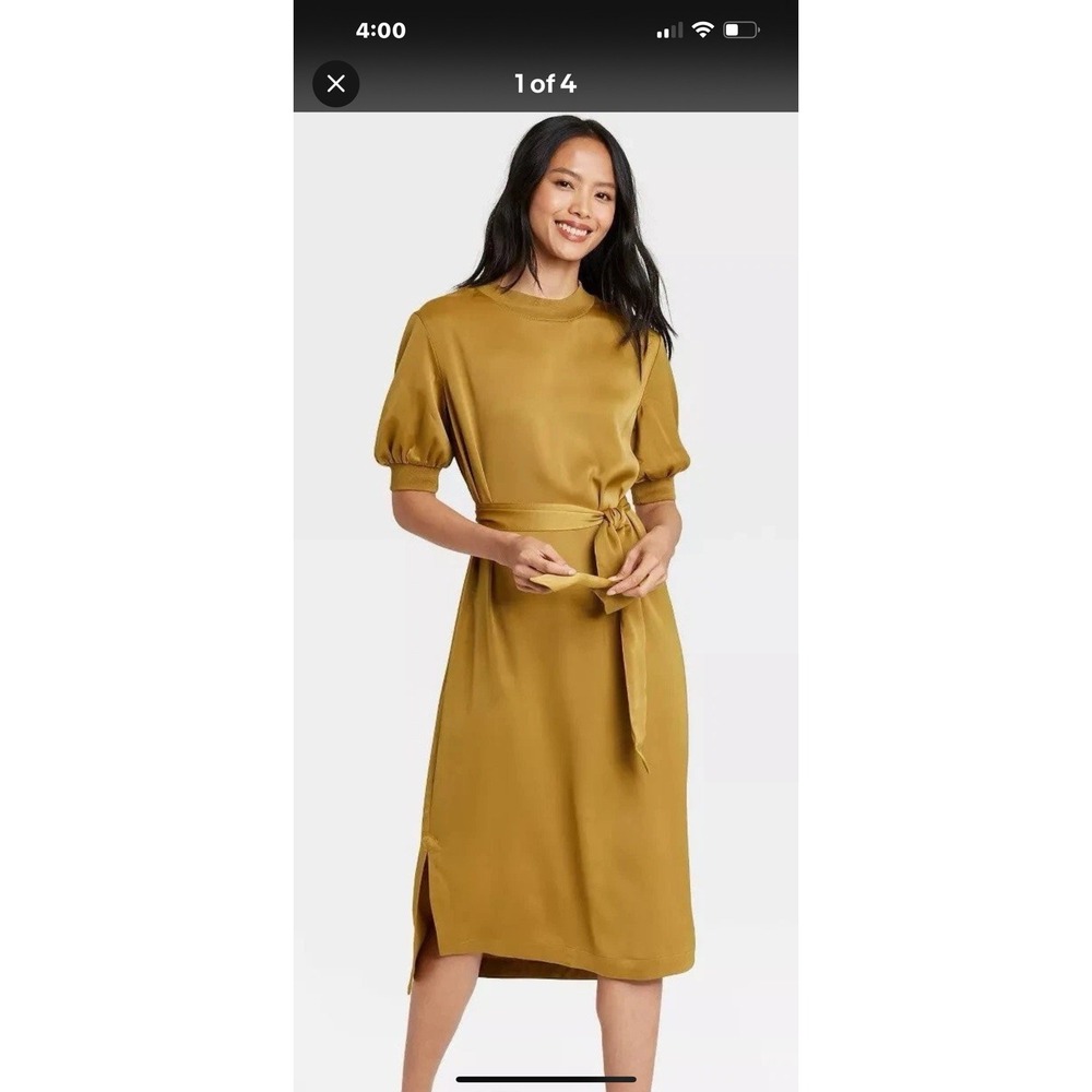 Who What Wear XS Gold Midi Dress with Puff Sleeves NO BELT‎ Mustard Satin
